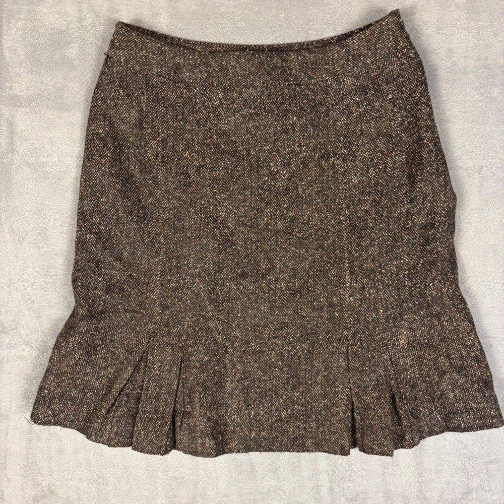 Apt. 9 Brown Herringbone Tweed Pleated Flounce Hem Skirt Confetti Fleck Size 6